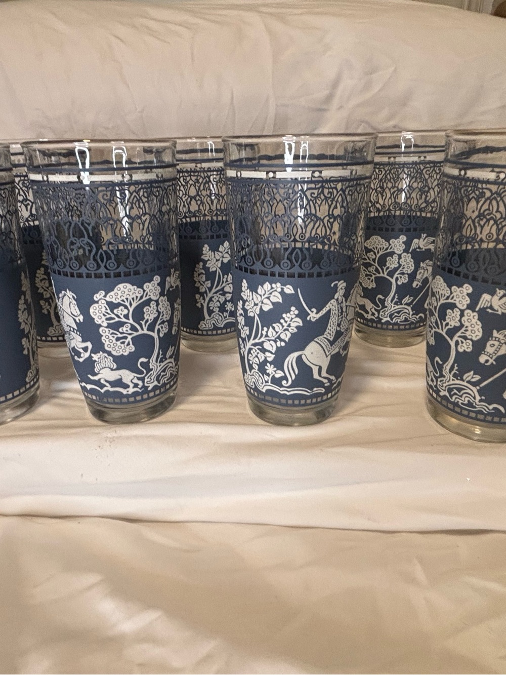 7 Bad-Ass, Hazel Atlas Vintage Highball Glasses- Blue-White, Gold Rim.